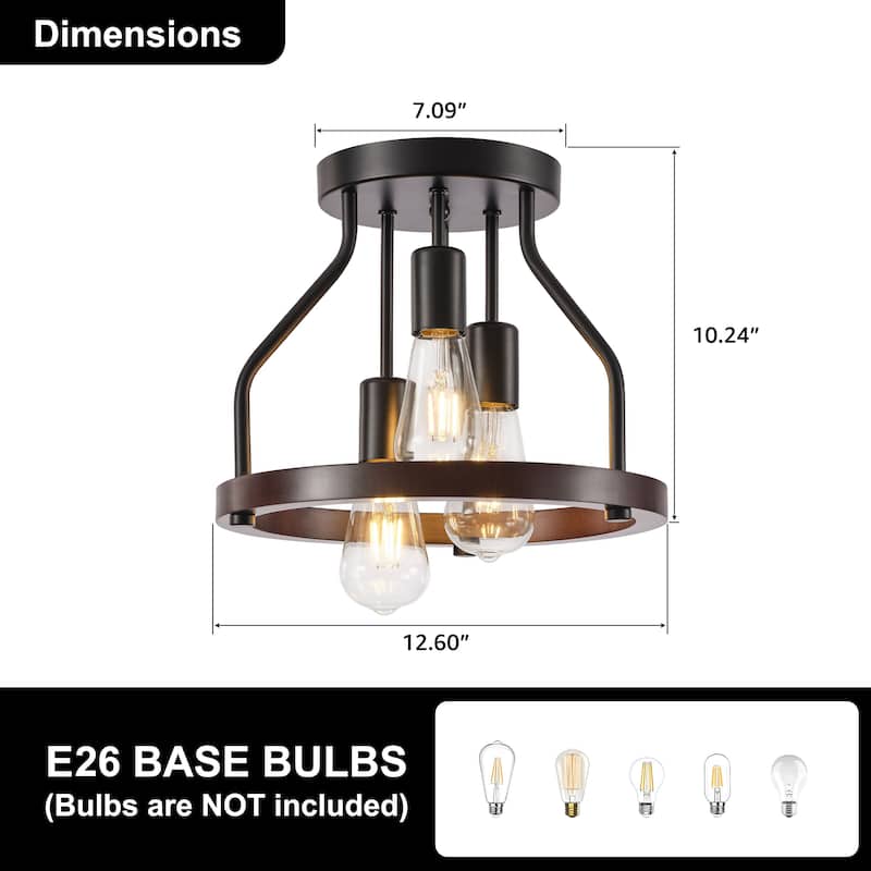 Starsky 3-Light Farmhouse Round Wood Flush Mount Ceiling Light, Industrial Caged Beech Wood Fixture with Black Metal Canopy