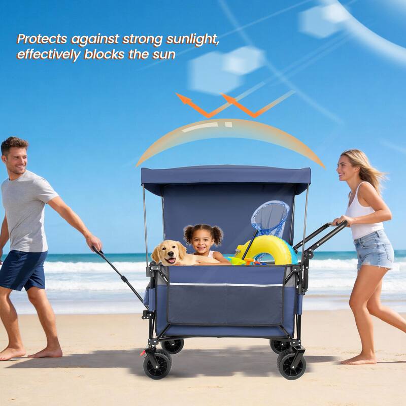 Multi-Functional Push-Pull Folding Wagon Cart with Rotating Handle & Canopy,7"x4"All-Terrain Wheels & Brakes,300L Large Capacity