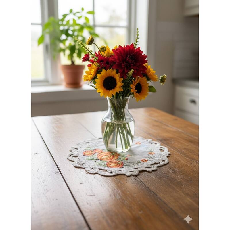 Christmas Poinsettia Embroidered Cutwork Round Placemat, 12" dia.