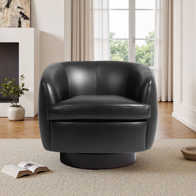 Leather Upholstered Swivel Barrel Accent Chair With Wood Base