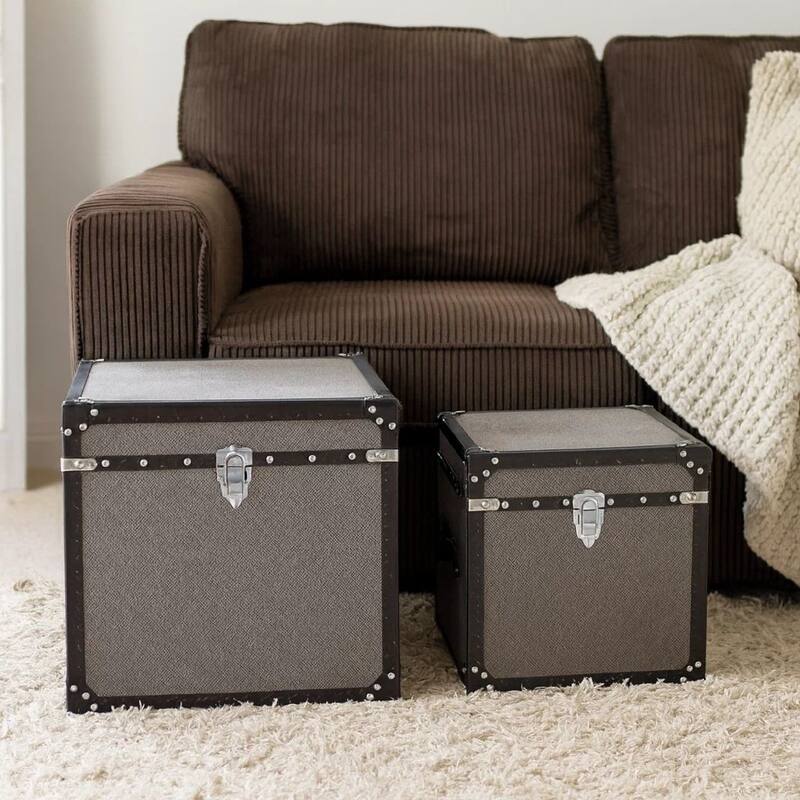Fabric Upholstered Square Trunk with Nailhead Details, Gray, Set of 2