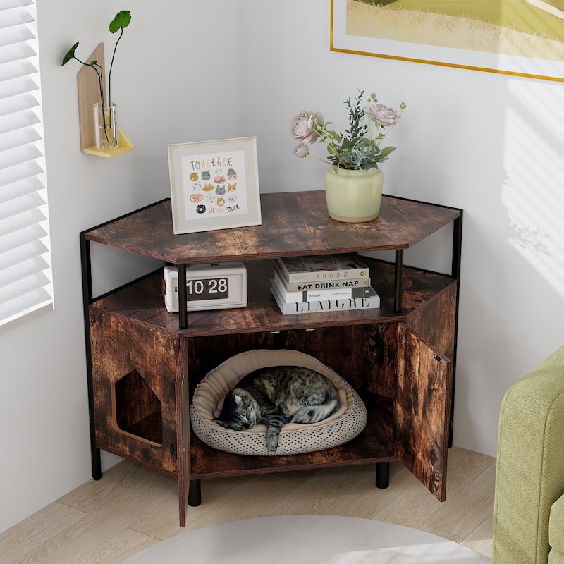 Corner Cat Litter Box Enclosure with Open Shelf 2 Entrances and Metal Legs - 41.5" x 20" x 29"