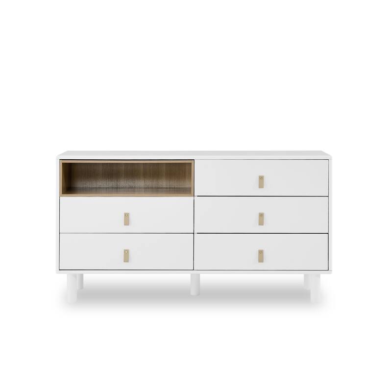 Modern 5 Drawer 55.12 in. Dresser Wood Storage Cabinet with Leather Handle, Open Shelf Drawer Cabinet