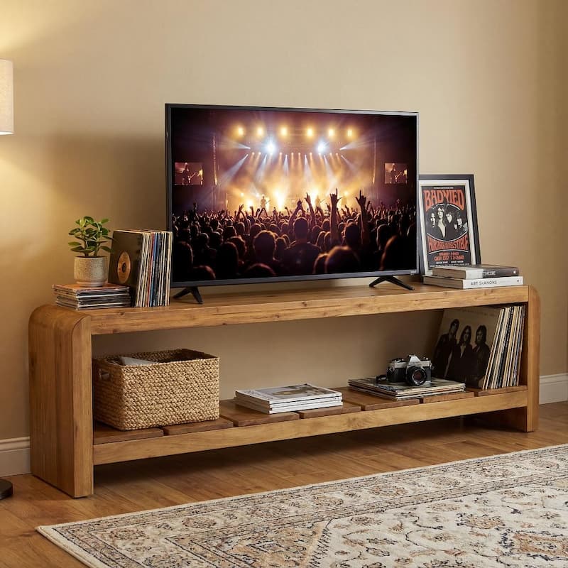 59" TV Stand for 55/60/65-Inch TVs, Solid Wood TV Console with Storage Shelf