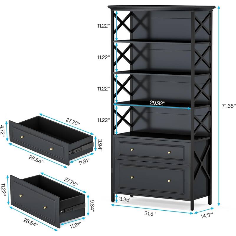 5 Tier Black Bookshelf with 2 Drawers and File Storage Industrial Shelving Unit for Home Office Living Room