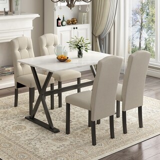 White Marble Elegant Solid Wood 5-Piece Dining Table Set with Faux ...