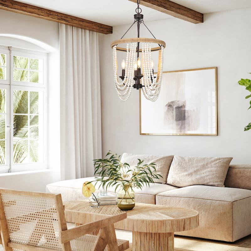 Renia Farmhouse 4-light Wood Beaded Chandelier Rustic Hemp Rope Basket Coastal Ceiling Lights