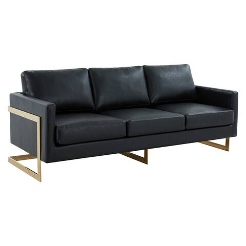 LeisureMod Lincoln Modern Upholstered Leather Sofa with Gold Frame - 83"