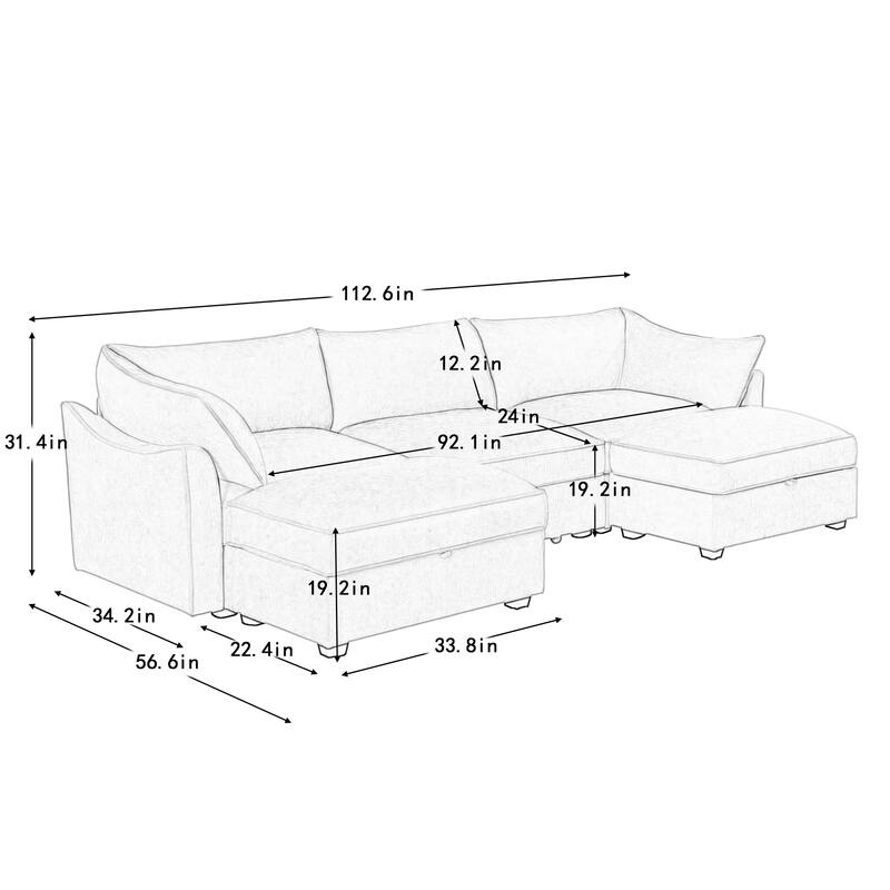 GDFStudio - Chenille U-Shaped 3-Seater 112.6" Modular Sofa with 2 Ottomans