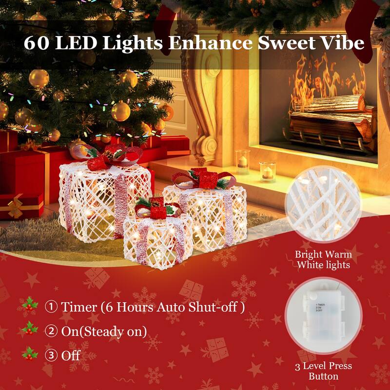 Costway Set of 3 Christmas Lighted Gift Boxes, Indoor Present Box - 9.5''x 9.5''x 10.5''(L x W x H)