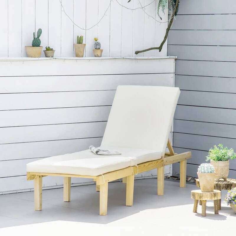 Wood Chaise Lounge, Outdoor Recliner, 4-Pos Adjustable with Cushioned
