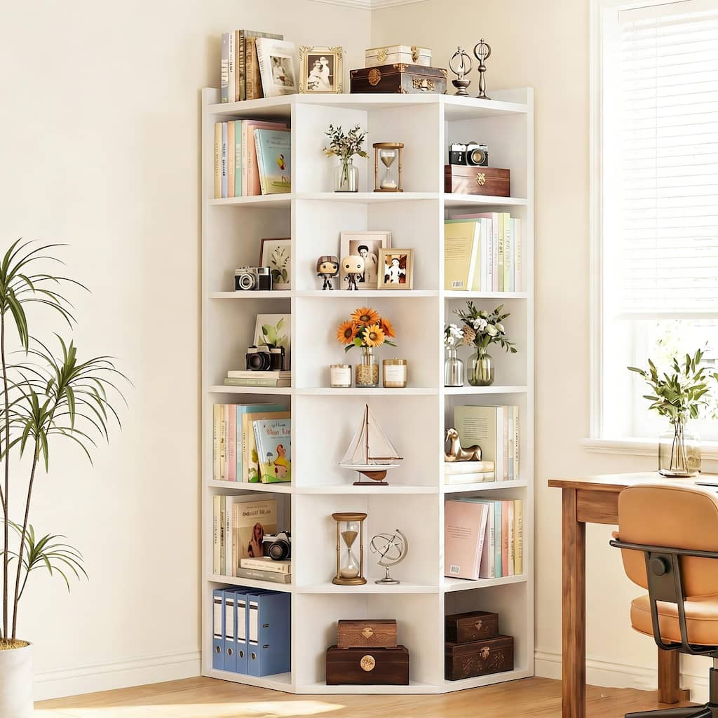 7-Tier Corner Bookshelf with Top Shelf ＆ Open Display Cubbies, L-Shaped Toy Storage Cabinet for Home Office Living Room