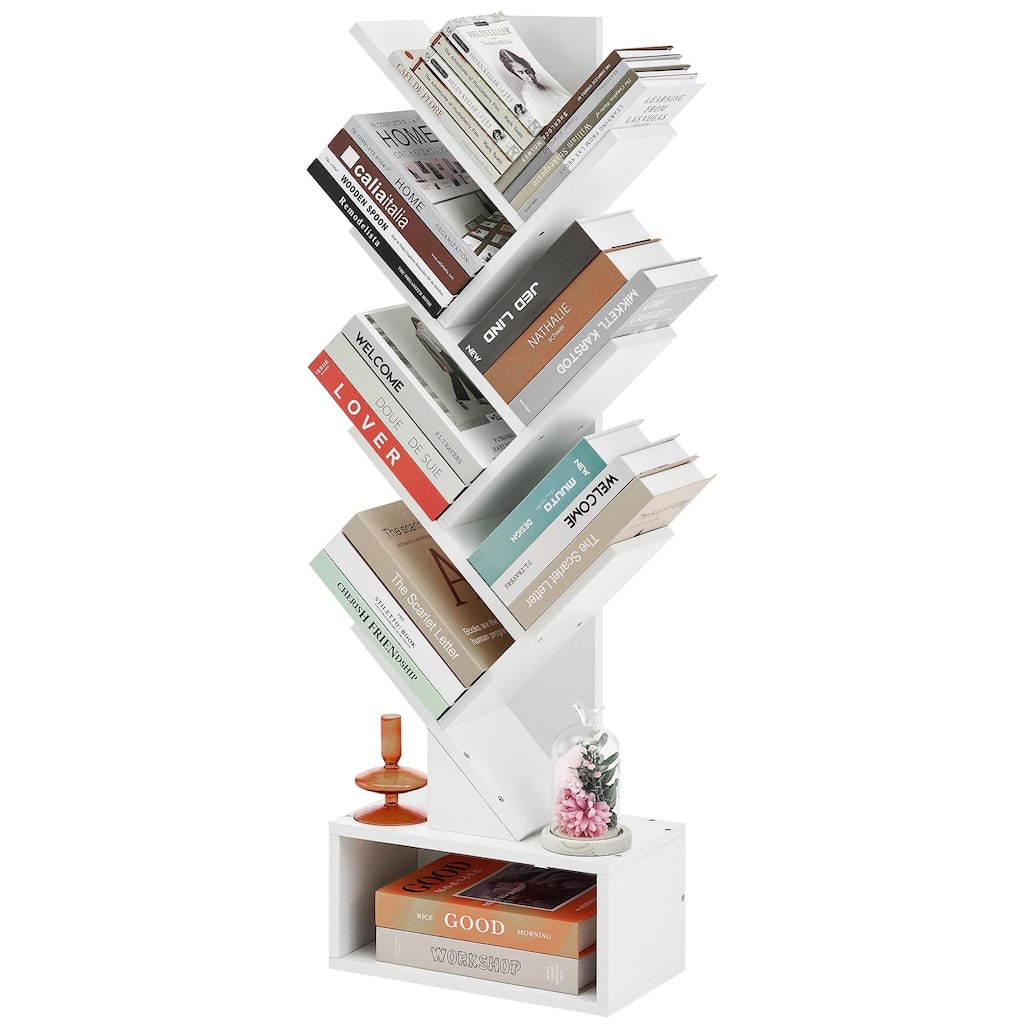 6 Tier Tree Bookshelf,Tall Bookcase with Drawer,Freestanding Book Shelf,Display Floor Standing Storage Shelf,Book Organizer