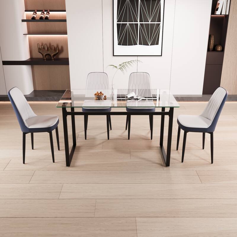 Modern Dining Set with Rectangular Glass Table & PU Upholstered Chairs