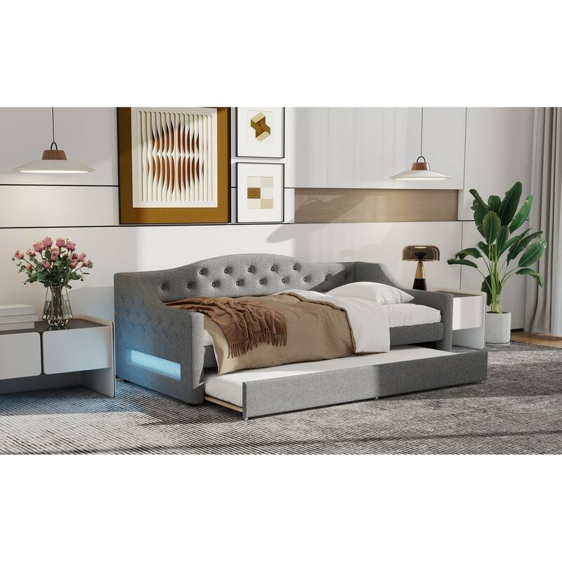 Twin XL Size Daybed, Pull-out Trundle Bed with LED Belt and Slats, Button Backrest Upholstered Platform Bed Frame