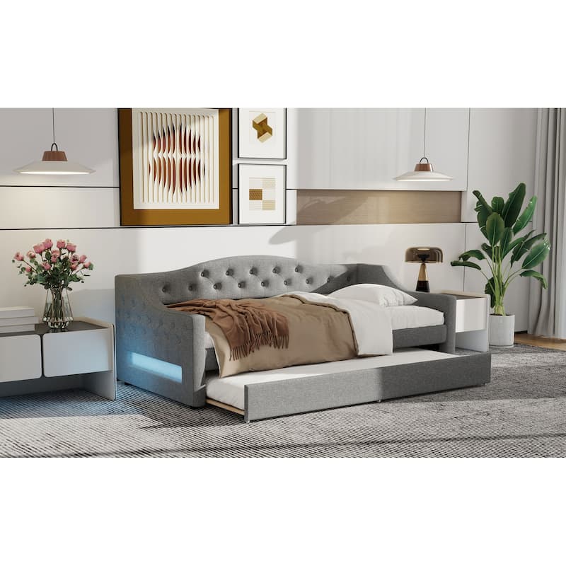 Twin XL Size Linen Daybed with LED Lighting and Hidden Trundle and Upholstered Storage Bed (250lbs Capacity)