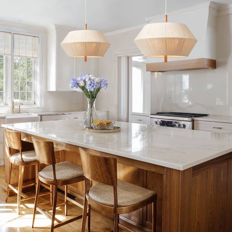 Nimbus Modern Pendant Light - Metal, Wood & Gold, Beige Geometric Light Fixture For Modern, Scandinavian, Minimalist Room Decor