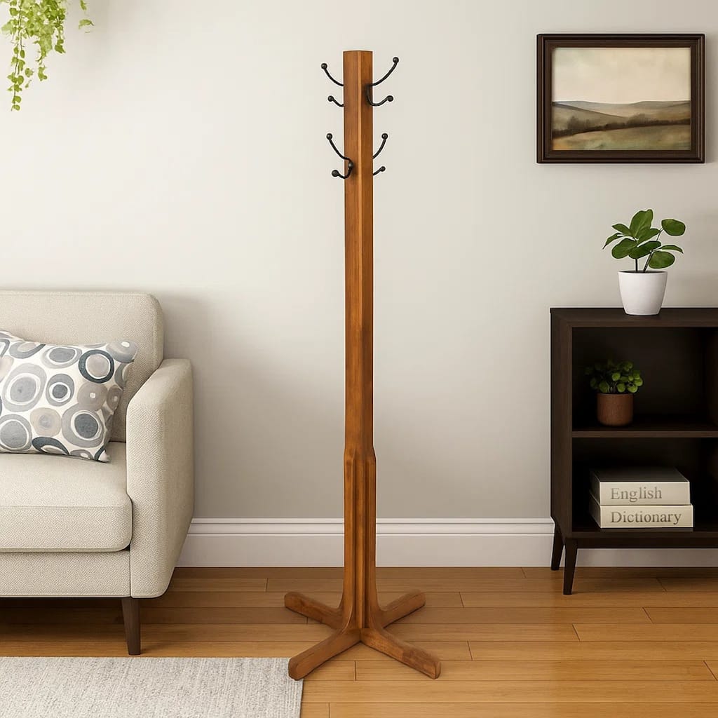 Wooden Coat Stand with X Frame Base and Metal Hooks, Oak Brown