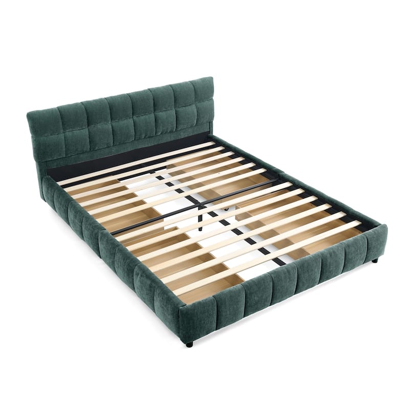 Queen Size Upholstered Bed with Storage Drawers, Soft Chenille Fabric Frame, Modern Platform Bed with Headboard