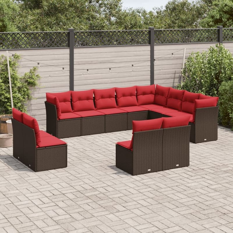 vidaXL Patio Sofa Set with Cushions Outdoor Conversation Furniture Poly Rattan - 21.7" x 24.4" x 27.2" - Brown and red without table