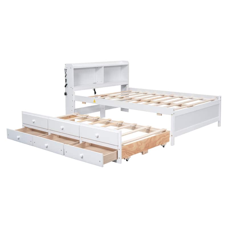 White Full Size Platform Bed All-in-One Cabinet Shelf Bookcase ...
