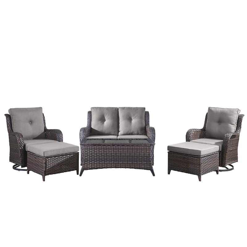 Pocassy Outdoor 6 Pieces 2-Seat Sofa Swivel Chairs Table Ottoman