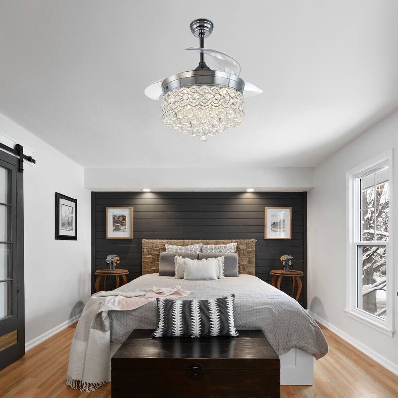 CurveCurio 42" Crystal Retractable Ceiling Fan Chandelier with 3-Color-Tone LED light Kit w Remote Control for Bedroom