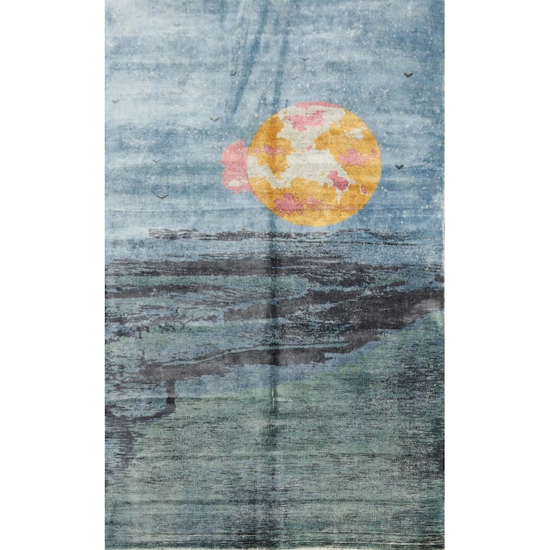 Hand Knotted Oriental Viscose Silk Carpet Modern Pictorial Navy Blue & Blues Abstract Area Rug - 8' 0'' X 5' 0''