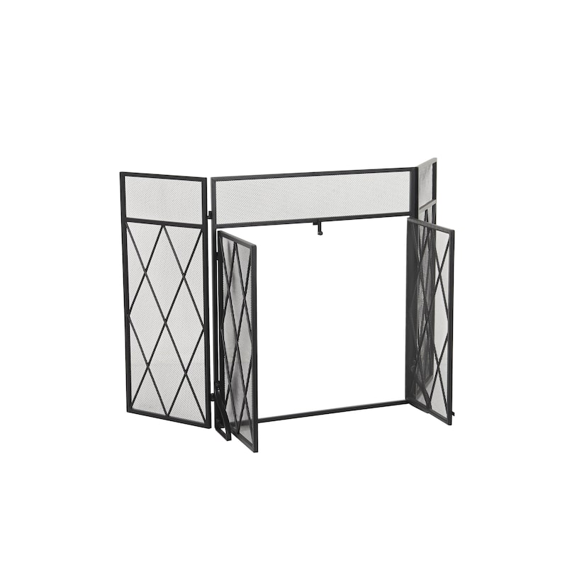 Metal Geometric Diamond 3 Panel 2 Door Fireplace Screen with Mesh Backing - Black - Roche River Decor