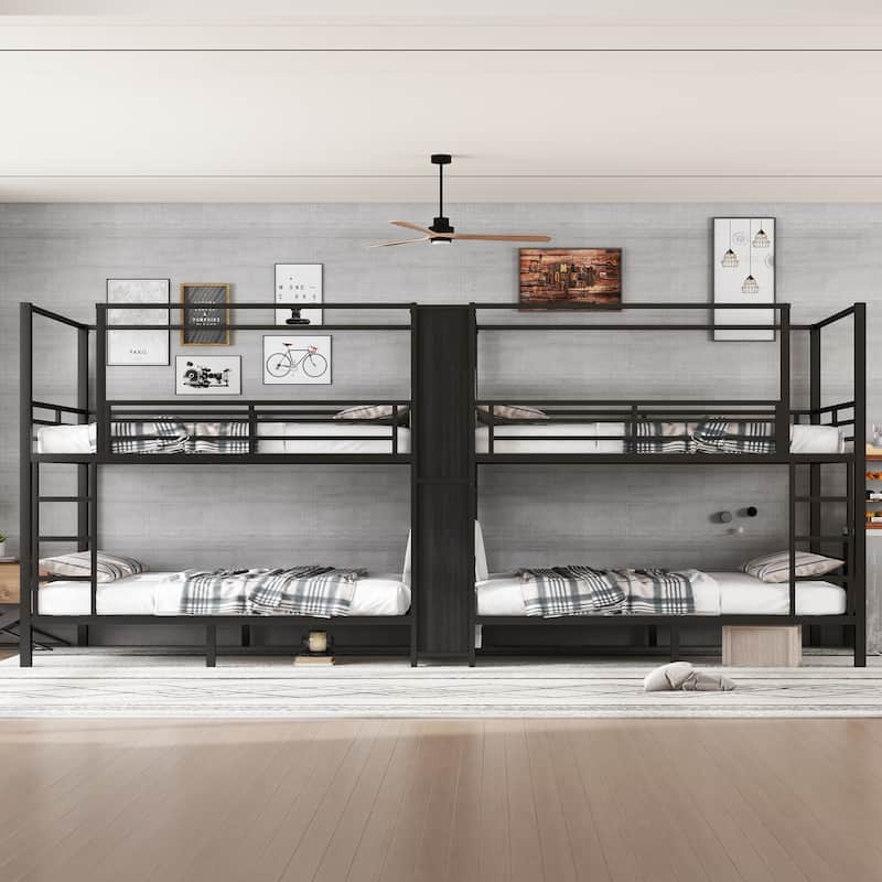 Quadruple Metal Bunk Bed with Built-in Storage Shelves & Wardrobe, Sturdy Black Frame, Space-Saving Design - Black