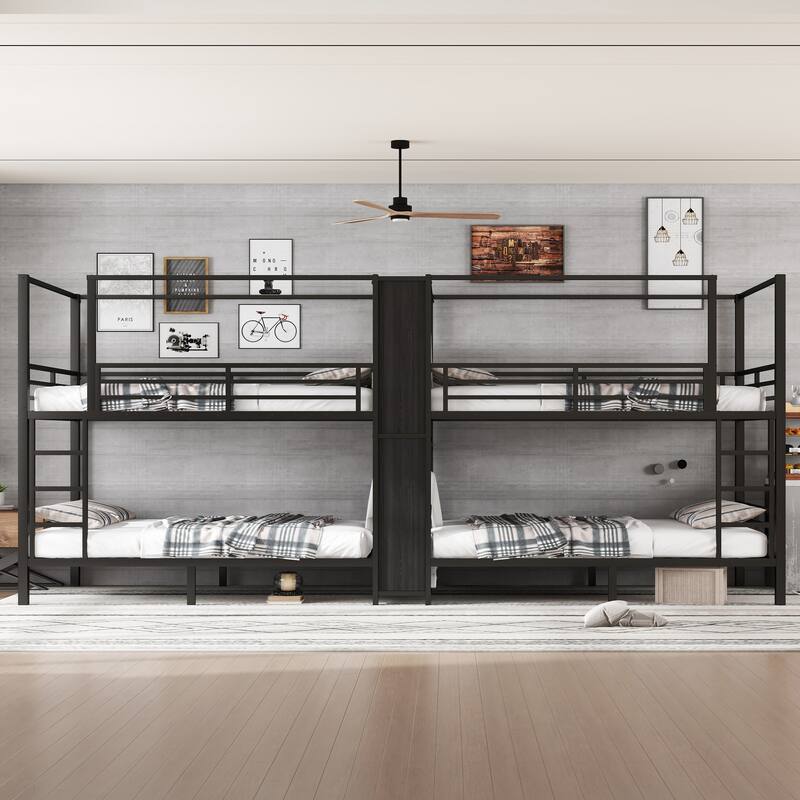 Quadruple Metal Bunk Bed with Built-in Storage Shelves & Wardrobe - Queen/Full/Twin, Sturdy Metal Frame with Noise-reduced - Full