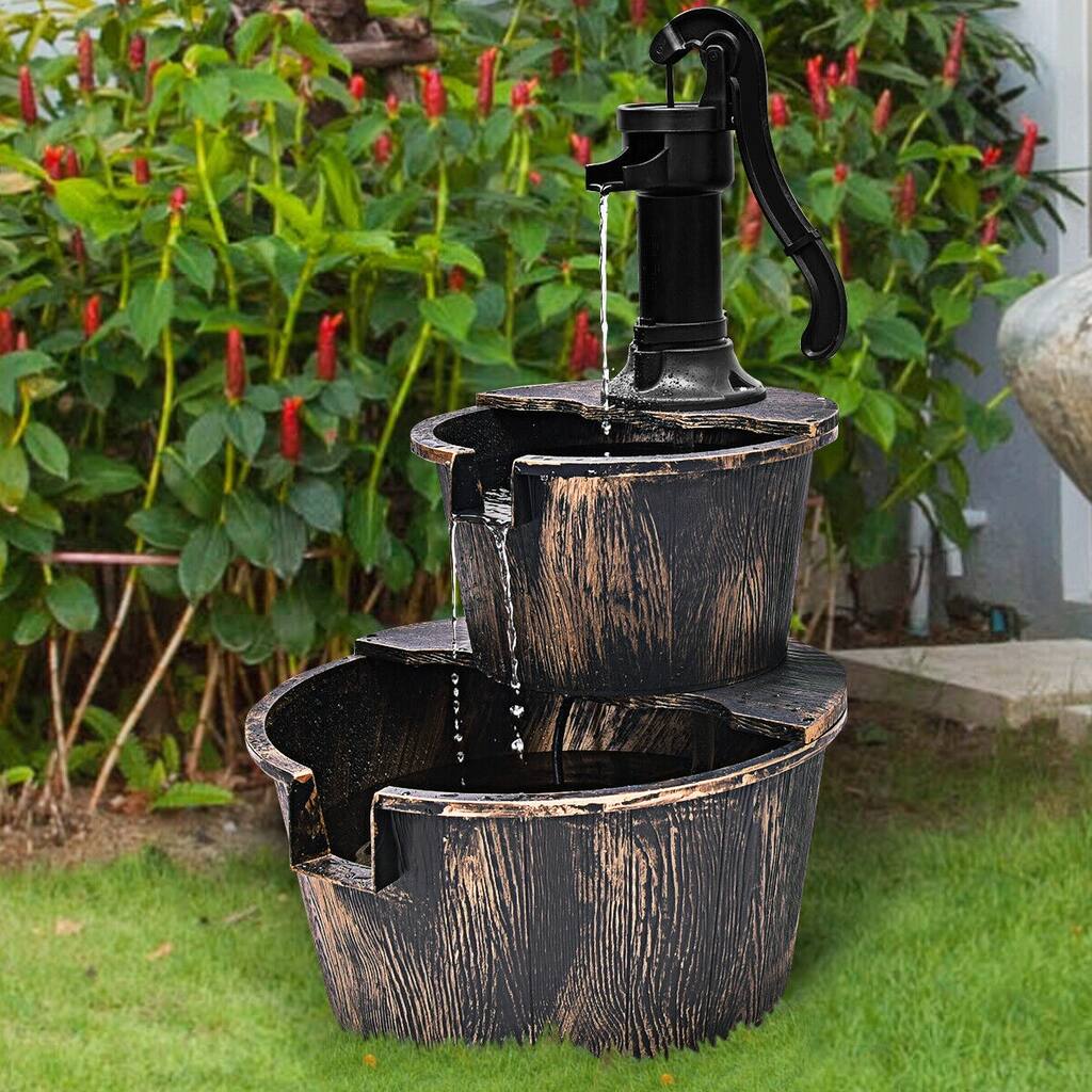Gymax 2 Tier Barrel Waterfall Fountain Barrel Water Fountain Pump