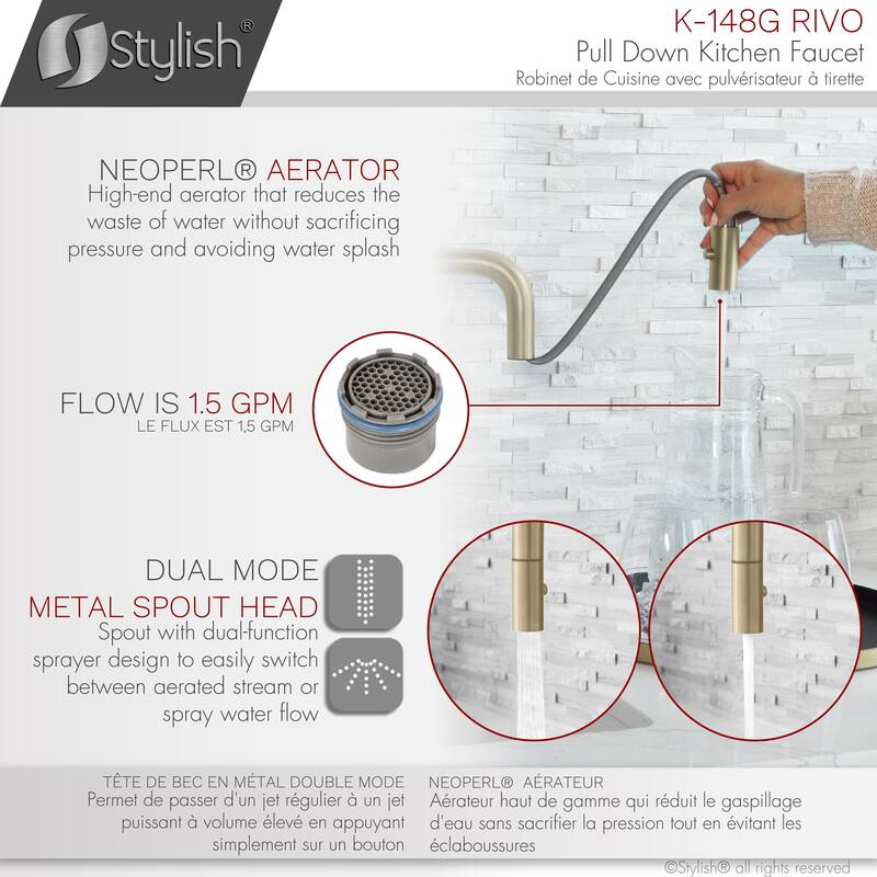 STYLISH Kitchen Sink Faucet Single Handle Pull Down Dual Mode in Stainless Steel - Faucet Height: 14 3/8" | Spout Height: 7 7/8"