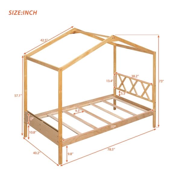 dimension image slide 1 of 6, Twin/Full Size House Bed, Wooden Playhouse Bed Frame with Semi-enclosed Roof, Headboard, Footboard Storage for Kids, Teens