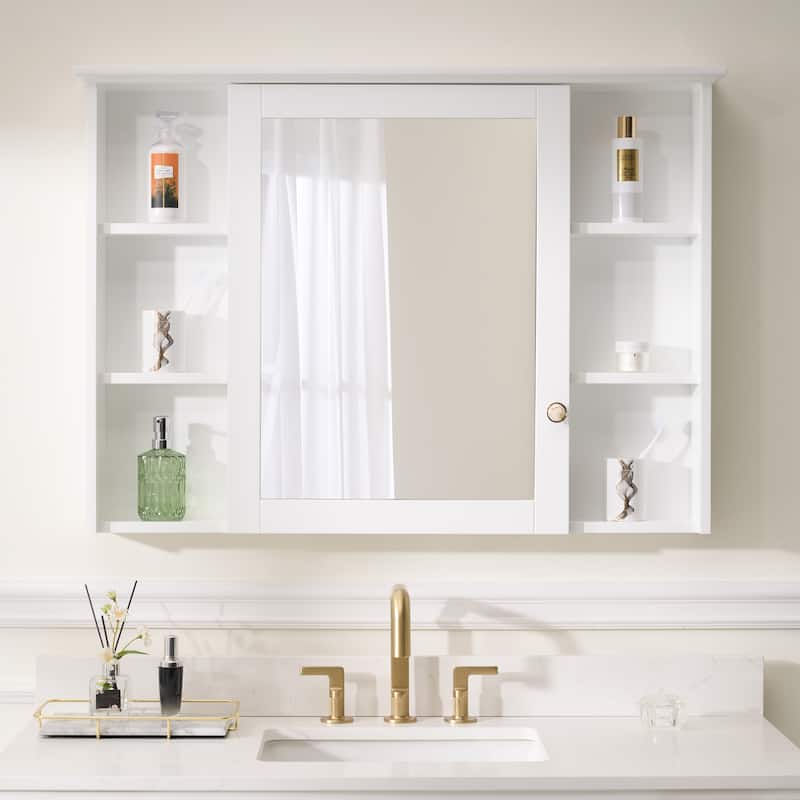 Modern Surface Mount Solid Wood Framed Medicine Cabinet With Mirror and Shelves - White-42'' W