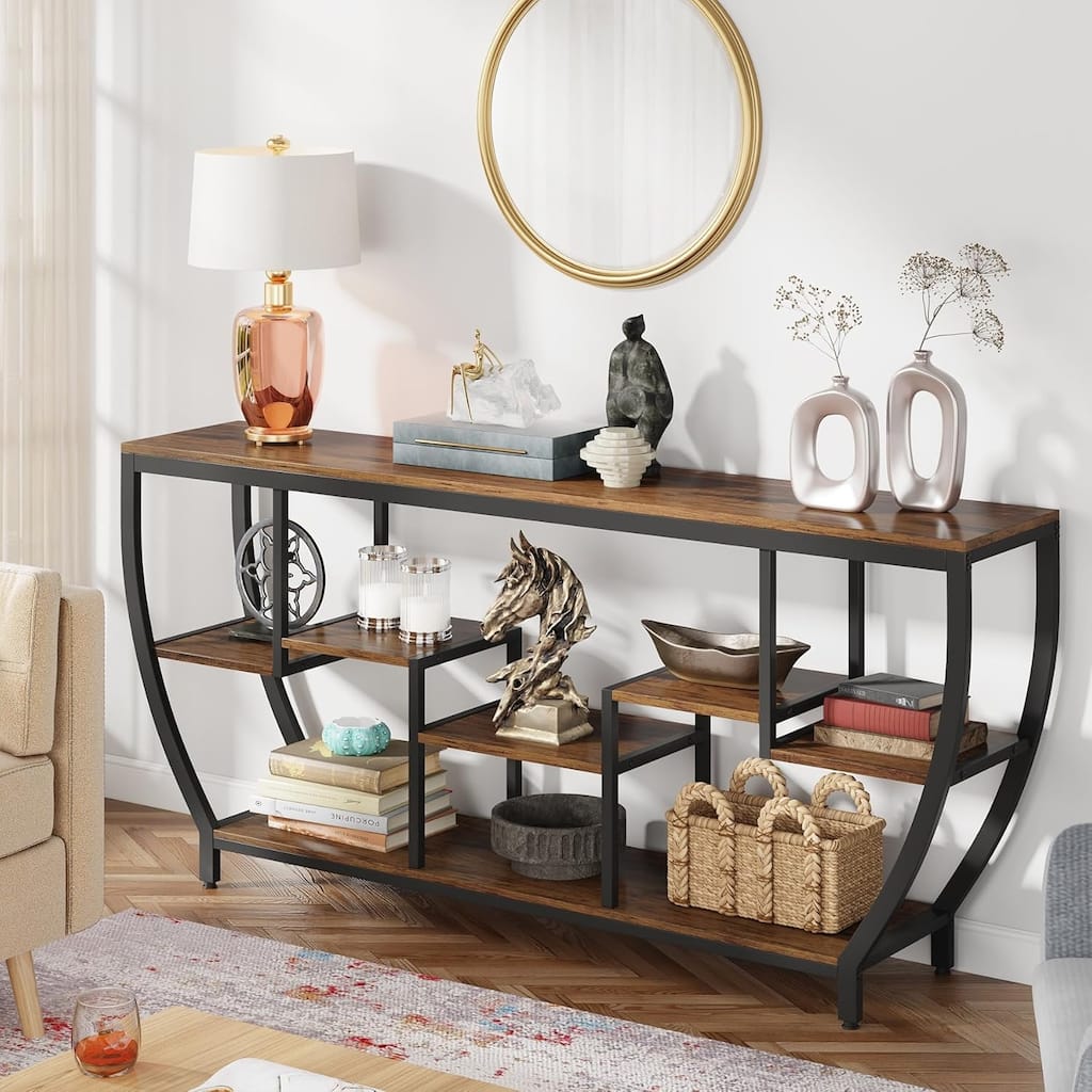 70.9" Rustic Brown Industrial Console Table, 7-Tier Shelves, Extra Long Sofa Table or TV Stand with Metal Frame