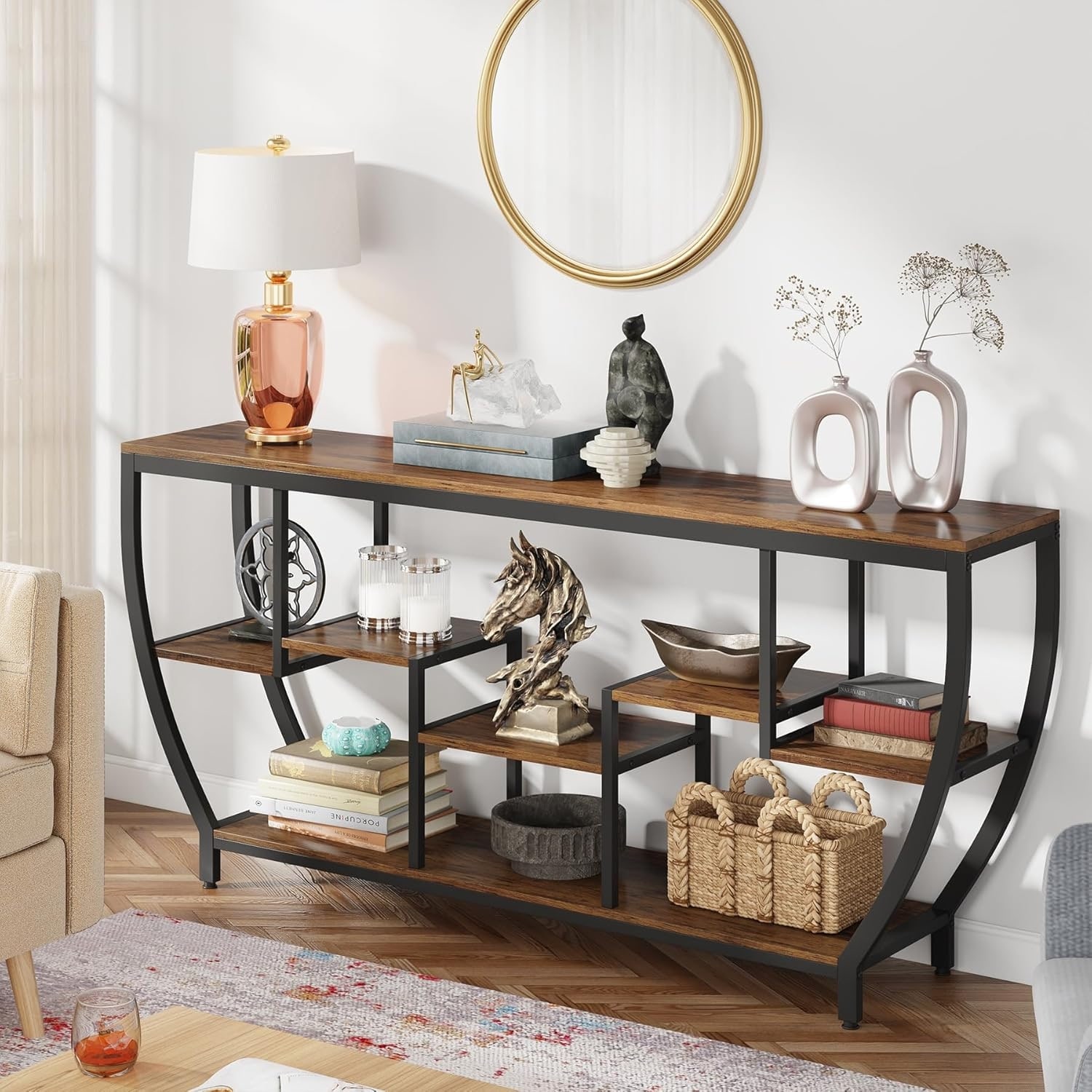 70.9" Rustic Brown Industrial Console Table, 7-Tier Shelves, Extra Long Sofa Table or TV Stand with Metal Frame