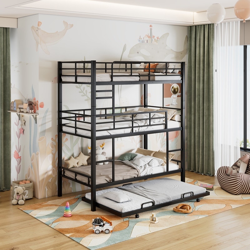 Metal Triple Bunk Bed with Trundle Twin Over Twin Over Twin Low Bunk Bed with Long and Short Ladder 3 Bunk Beds for Kids Teens
