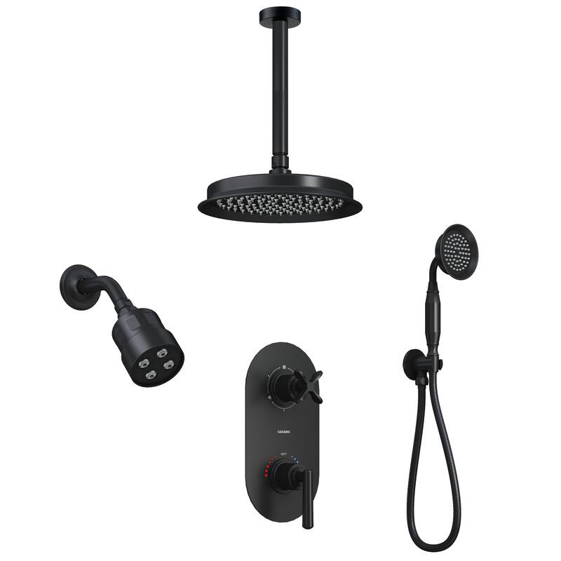 Thermostatic Shower System with 9 in. Rain Shower Head, 4 in. Wall Mount Shower and Handheld Shower, 3-Spray Shower Faucet Set