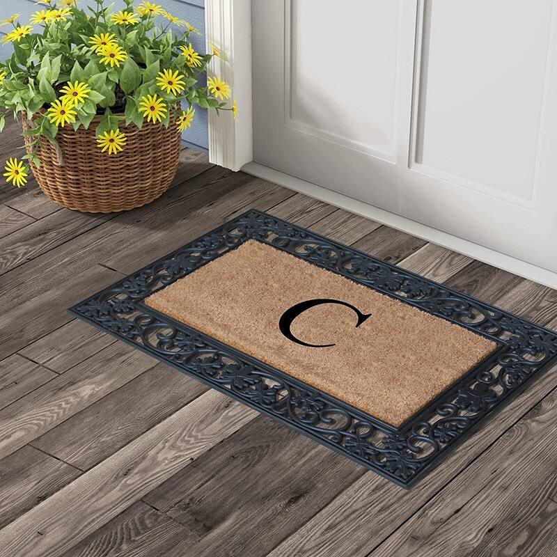 A1HC Rubber and Coir Dirt Trapper Heavy Weight Large Monogrammed Doormat, Black