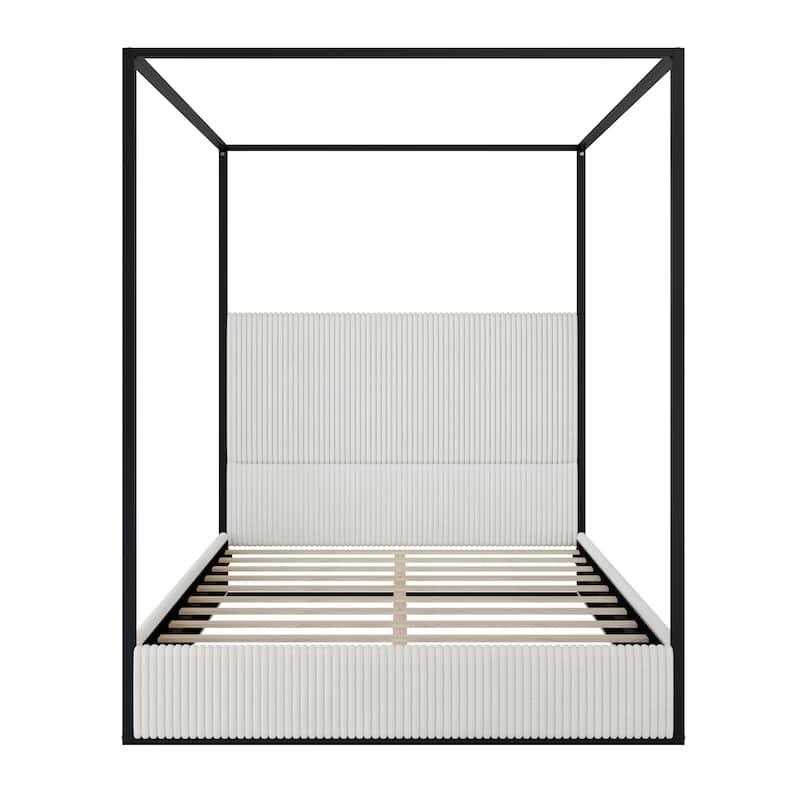 Contemporary Corduroy Upholstered Canopy Bed with Tall Headboard & Sleek Metal Frame