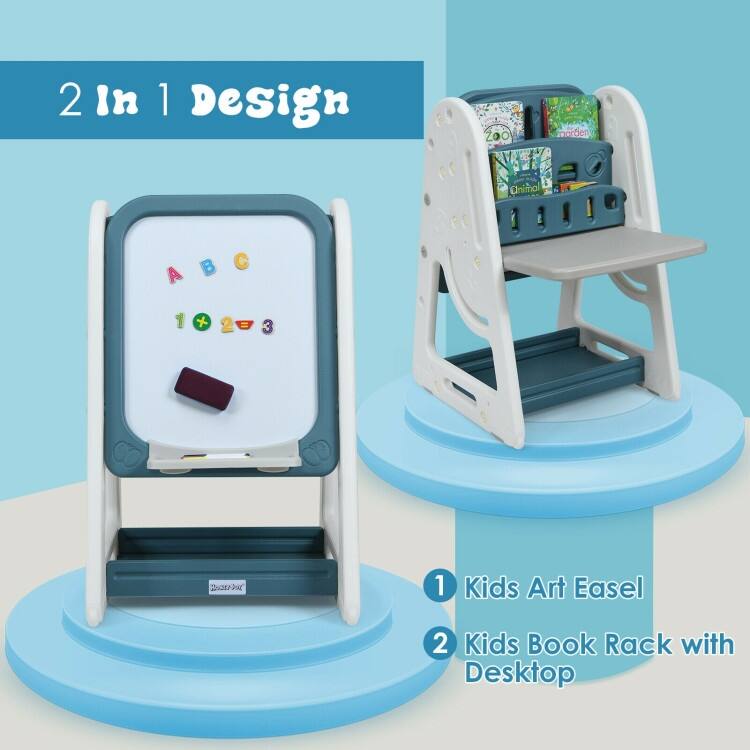 2 in 1 Kids Easel Desk Chair Set Book Rack Adjustable Art Painting Board - 25'' x 21'' x 30'' – 39'' (L x W x H)