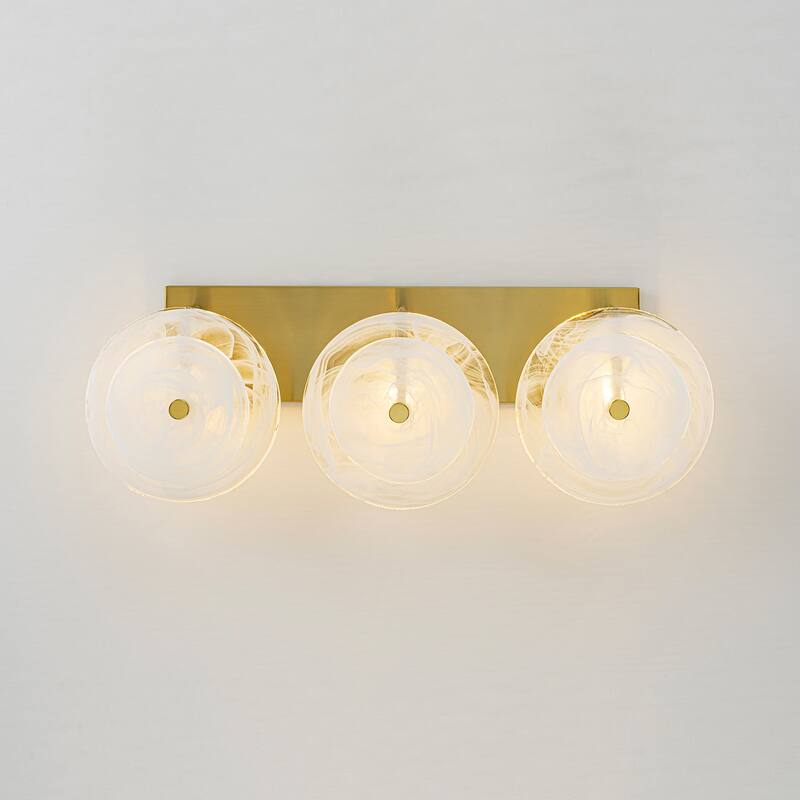 3-Light Mid-Century Modern Brushed Brass Vanity Light with Cloud-Textured Round Glass glass disc