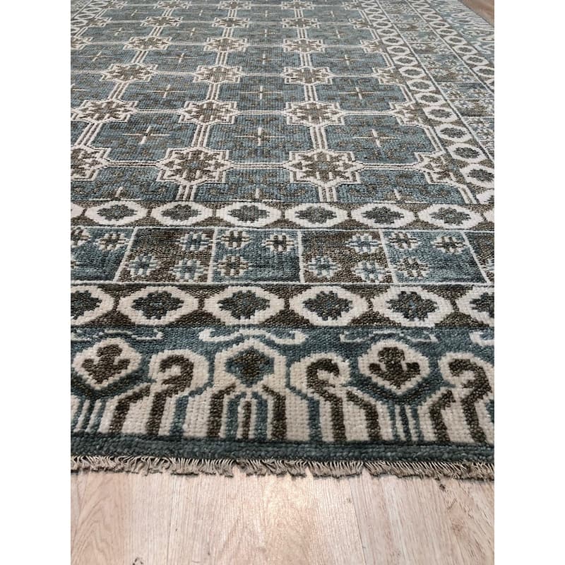 Handknotted Wool GREY Traditional Geometric Traditional Knot Rug - 7'6 x 9'6