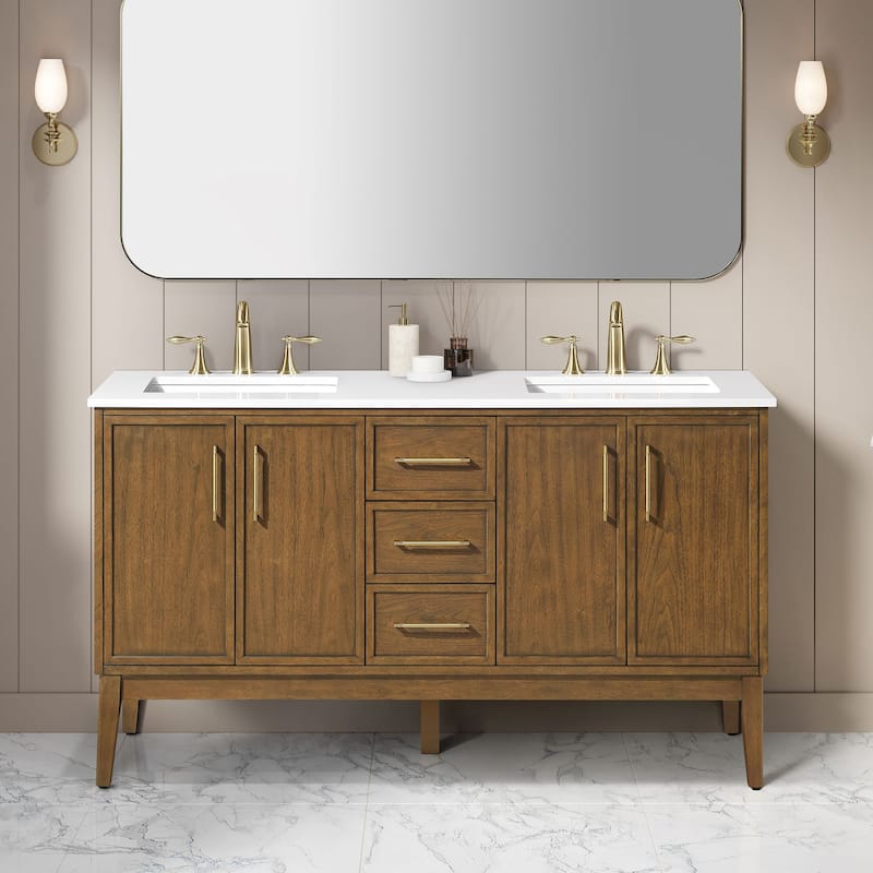 OVE Kira Warm Walnut Bathroom Vanity with White Engineered Stone Top - 60" - Warm Walnut