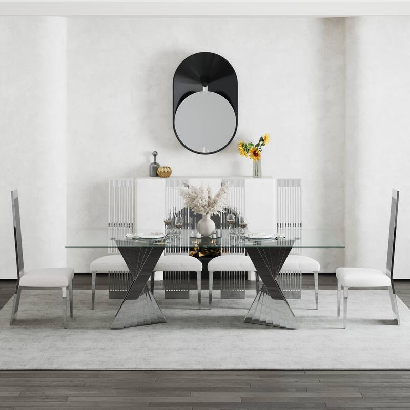 Luxury 78 inch Glass Dining Table with Mirrored Stainless Steel Base
