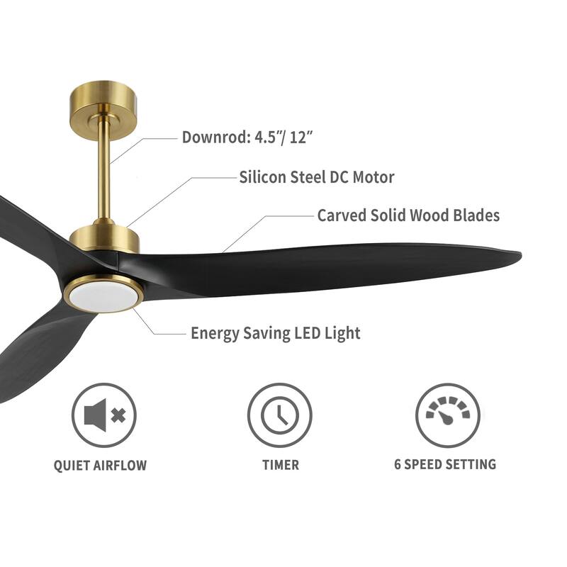 72" 3-Blade Solid Wood Ceiling Fan with LED Light and Remote Control
