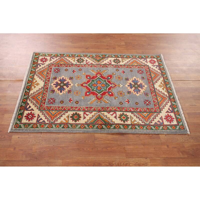 Geometric Kazak Rug Handmade Foyer Wool Carpet - 2'9" x 4'0"