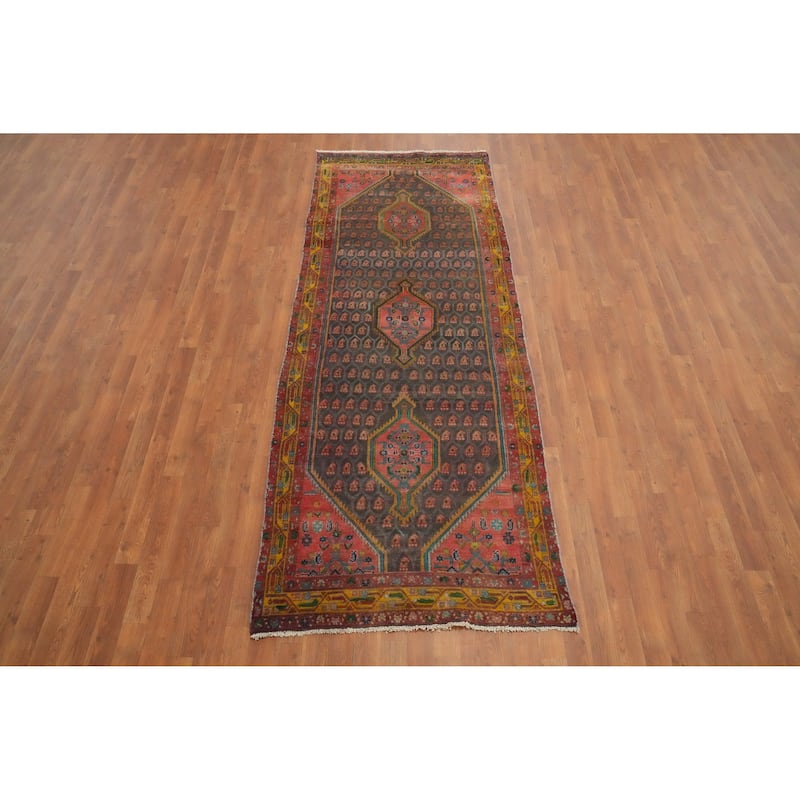 Hand Knotted Oriental 100% Wool Carpet Traditional Geometric Greys & Charcoal Hamedan Runner Rug - 9' 2'' X 3' 6''