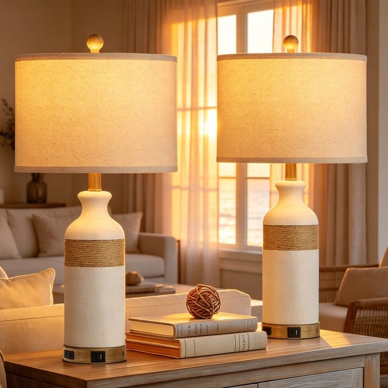 Set of 2 Gray Ceramic Table Lamps, 25-Inch with USB & Type-C Ports and 3-Way Touch Dimming - 12.5'' X 12.5'' X 26''